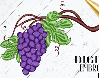 Archivo de diseño de bordado de vid. Patrón de uvas colgando de una vid para bordar a máquina. Este es un archivo digital, no un producto.