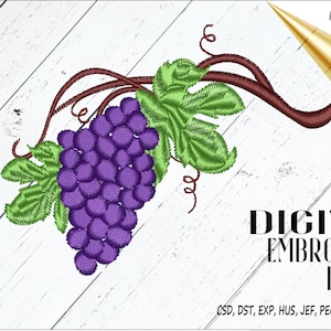 May include: A digital embroidery design of a bunch of purple grapes with green leaves and a brown vine. The design is on a white wood background with the text "DIGITAL EMBROIDERY DESIGN" and "CSD, DST, EXP, HUS, JEF, PEC, PES, TAP, VIP, VP3" below it.