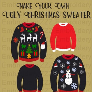 May include: Four different designs for ugly Christmas sweaters. The sweaters are black with red trim and feature various holiday designs, including reindeer, a Christmas tree, a snowman, and snowflakes.