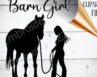 May include: Black and white silhouette of a girl leading a horse with a rope. The text "Barn Girl" is at the top of the image. The text "SVG DXF EPS PDF" is at the bottom of the image.