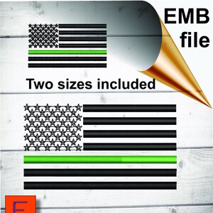 Op de afbeelding: Twee maten van een Amerikaanse vlag met een groene streep in het midden. De vlag is zwart en wit met sterren in de linkerbovenhoek. De tekst "EMB-bestand" en "Twee maten inbegrepen" is ook zichtbaar.