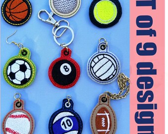 Sports ball embroidery design set In the hoop eyelet charm pattern file baseball,basketball,football, volleyball, pool, golf,tennis,soccer