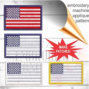 May include: Four embroidery designs of the American flag in different colors. The designs are labeled "Make Patches!" and include the file formats: csd, dst, exp, hus, jef, pec, pes, tap, vip, and vp3.