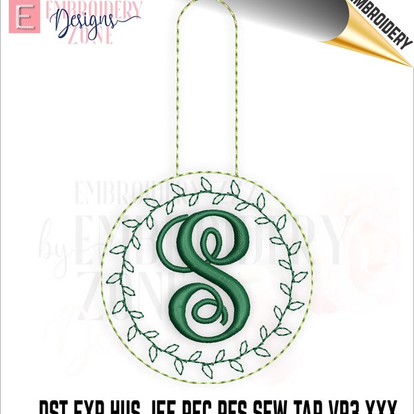 ITH Snap Tab Blank Key Fob design. Embroidery in the hoop Key Chain Monogram frame template for machine embroidery leaves in a circle border