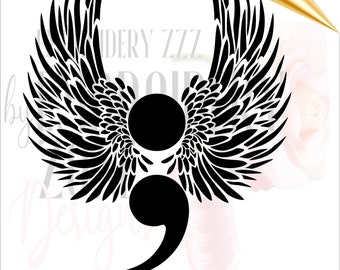 May include: Black and white silhouette of a semicolon with angel wings. The semicolon is a symbol of hope and strength.