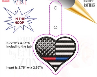 Red line blue line ITH snap tab key fob design. Embroidery in the hoop key chain police firefighter heart flag template. Half red half blue