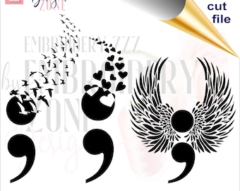 Suizidprävention Design. Semikolon zum selbst ausdrucken, Semikolon Tattoo, Vektor Clipart, Engel Flügel svg Herzen, Vögel im Flug