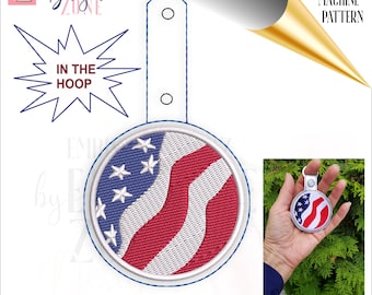 Wavy American flag ITH snap tab key fob design. Embroidery in the hoop key chain 4th of July template, USA flag keychain template