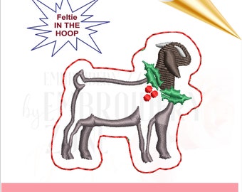Christmas Boer Goat feltie in the hoop embroidery pattern.  ITH Boer Goat design, pes felt design file, template,  goat 4H planner felties