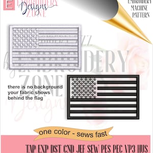 Easy to sew one inch x 1.6 inch US Flag design for machine embroidery.  One color stars & stripes American flag sews fast for production.