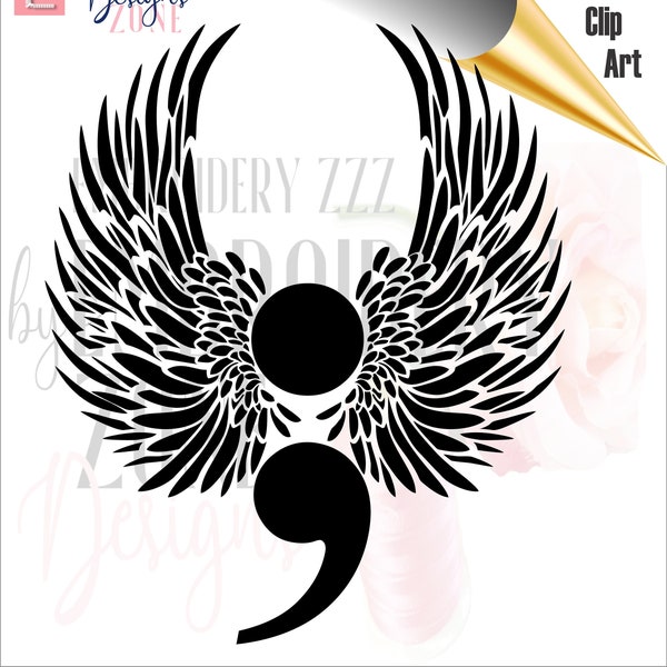 Suicide prevention design. Semicolon print, mental health awareness symbol, tattoo vector clip art, angel wings illustration memorial