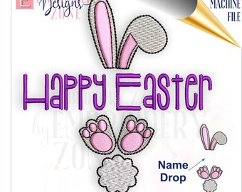 Cute Easter Bunny embroidery machine design file set. Split floppy ears and feet rabbit name drop template. Pattern space to personalize.