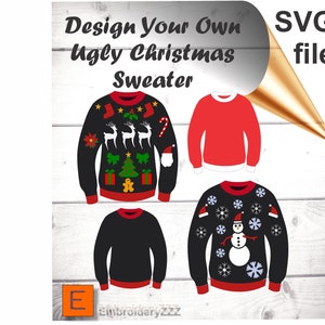 May include: Three different designs for ugly Christmas sweaters. The first sweater is black with red trim and features reindeer, a Christmas tree, presents, and a gingerbread man. The second sweater is red with white trim. The third sweater is black with red trim and features a snowman and snowflakes.