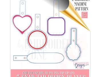 May include: Five embroidery machine pattern designs for snap tabs. The designs include a heart, circle, square, oval, and a flower. The designs are outlined in different colors.