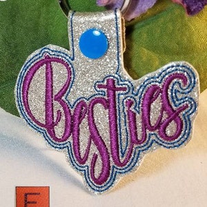 Besties in the hoop key chain embroidery design, ith key fob file, Best Friends keychain, BFF snap tab pattern, girlfriends,DIY gift for her image 1