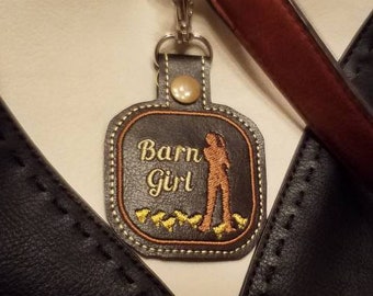 Barn Chicks key fob in the hoop design for machine embroidery. Chickens snap tab ith key chain pattern. 4-H show farm girl pattern to sew
