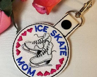 Ice Skate Mom design for embroidering in the hoop snap tabs. Mum Key fob ith file skater gift. Skating key chain embroidery pattern template