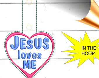 ITH Jesus loves me snap tab embroidery key fob pattern. Bag tag in the hoop design.  Jesus heart shaped machine embroidery file digital file
