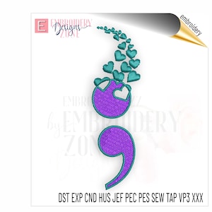 Suicide awareness embroidery file Semicolon hearts spray template. Suicide prevention pattern machine embroider semi colon pes design set