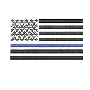 Op de afbeelding: Een geborduurde Amerikaanse vlag met een dunne blauwe lijn in het midden, die de steun voor de wetshandhaving vertegenwoordigt.