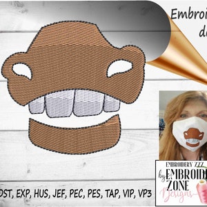 File di disegno di ricamo per maschera facciale divertente. Modello di denti di cavallo per ricamo a macchina. Scarica il modello di ricamo a macchina del modello del muso del dente di cervo