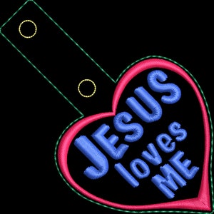 ITH Jesus loves me snap tab embroidery key fob pattern. Bag tag in the hoop design. Jesus heart shaped machine embroidery file digital file image 3