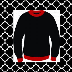 May include: A black long-sleeved sweater with a red ribbed collar and cuffs.