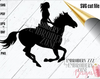 May include: Black silhouette of a woman riding a horse. The woman is facing the right side of the image. The horse is running with its head turned to the left. The image is on a white wood background.