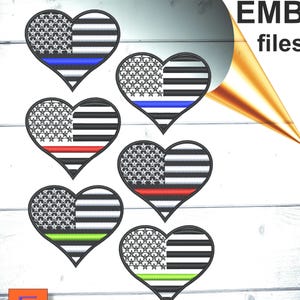 Dünnes gesticktes Stickmuster in blau für die Stickmaschine. Taktisches USA Flaggen Muster. Rückseite die blaue und rote Linie Feuerwehrmann- Unterstützungssymbol