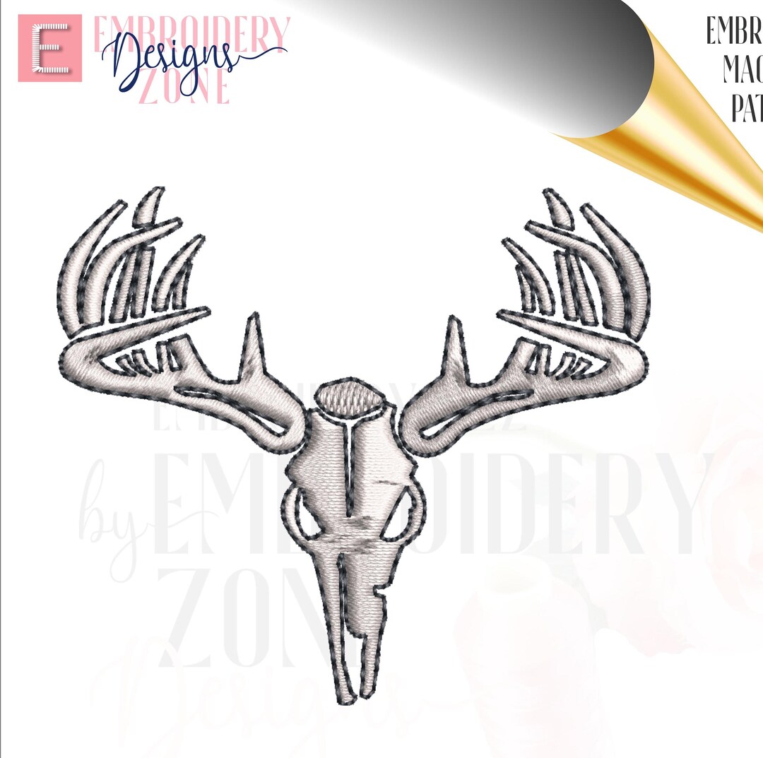 Deer Skull Design for Machine Embroidery. Buck Head Skeleton Head With Full Rack Antlers Dst Pes
