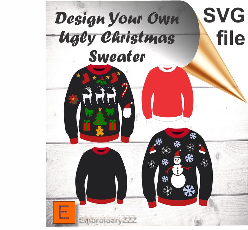 May include: Three different designs for ugly Christmas sweaters. The first sweater is black with red trim and features reindeer, a Christmas tree, presents, and a gingerbread man. The second sweater is red with white trim. The third sweater is black with red trim and features a snowman and snowflakes.