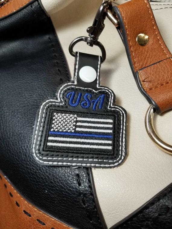 Thin Blue Line USA Key Fob Embroidery Design, Police Support ITH Snap Tab, American Flag Keychain, 4x4 Hoop