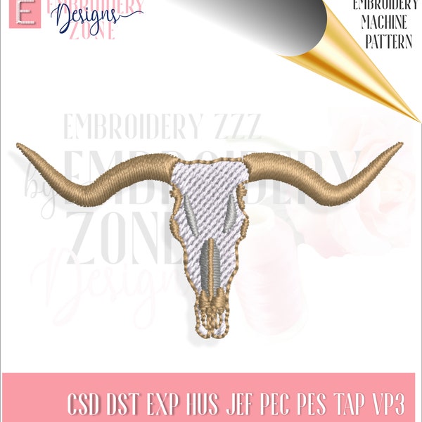 Diseño de máquina de bordar calavera de cuerno largo. Archivo de diseño de toro de Texas para bordar con el patrón de plantilla de cráneo de vaca Brother Viking Janome PES DST