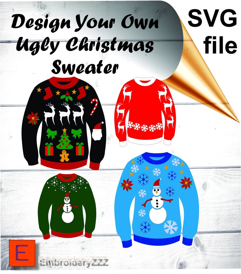 Ugly Christmas sweater SVG clip art design with Santa, reindeer, Christmas tree, candy cane, poinsettia, snowman, snowflakes, presents, bows, stars, gingerbread man, and presents