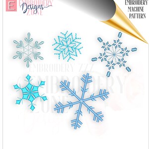 May include: Four different snowflake embroidery designs in blue and white. The designs are perfect for winter-themed crafts and projects.