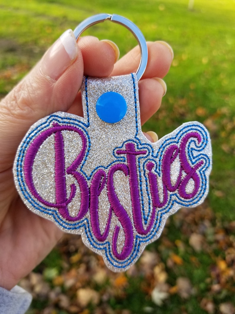 Besties in the hoop key chain embroidery design, ith key fob file, Best Friends keychain, BFF snap tab pattern, girlfriends,DIY gift for her image 2