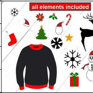 May include: A black sweater with red trim, a Christmas tree, a snowman, a reindeer, a candy cane, a snowflake, a stocking, a star, a gingerbread man, a bow, and holly. The text "all elements included" is at the top of the image.