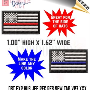 Puede incluir: Dos parches bordados de la bandera estadounidense con una línea roja y azul en el medio. El texto "Ideal para el lado de los sombreros" y "Haz la línea de cualquier color" están en la imagen. El texto "1.00" alto x 1.62" ancho" también está en la imagen. El texto "DST EXP HUS JEF PEC PES SEW TAP VP3 XXX" está en la parte inferior de la imagen.