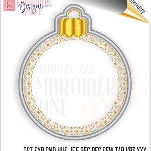 May include: A silver and gold Christmas ornament embroidery design with a circular frame and a starburst pattern. The design includes the text "BROIDERY ZZZ MBROIDER ONE".