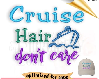 Cruise hair, don't care. Embroidery design file for hats. Pattern to machine embroider stitches center out and sized to fit baseball caps.