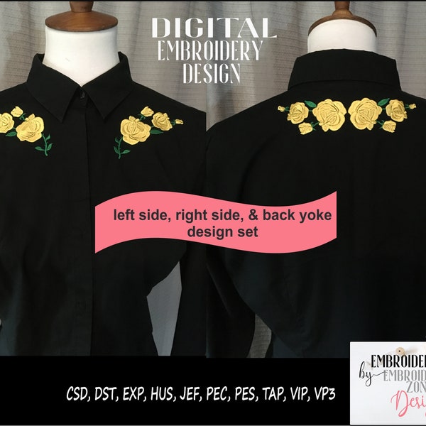 Roses machine embroidery design for western shirt. Back and shoulder shoulder patterns included. Vintage country floral template.