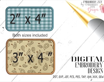 Zestaw ramek do haftu maszynowego, wzór obramowania naszywki z imieniem, ścieg satynowy 2 x 4 i 3 x 4, zaokrąglone rogi, prostokątny kontur monogramu.