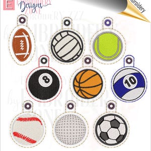 May include: Set of 10 embroidered sports ball designs. The designs include a football, volleyball, tennis ball, 8-ball, basketball, bowling ball, baseball, golf ball, soccer ball, and a hockey puck.