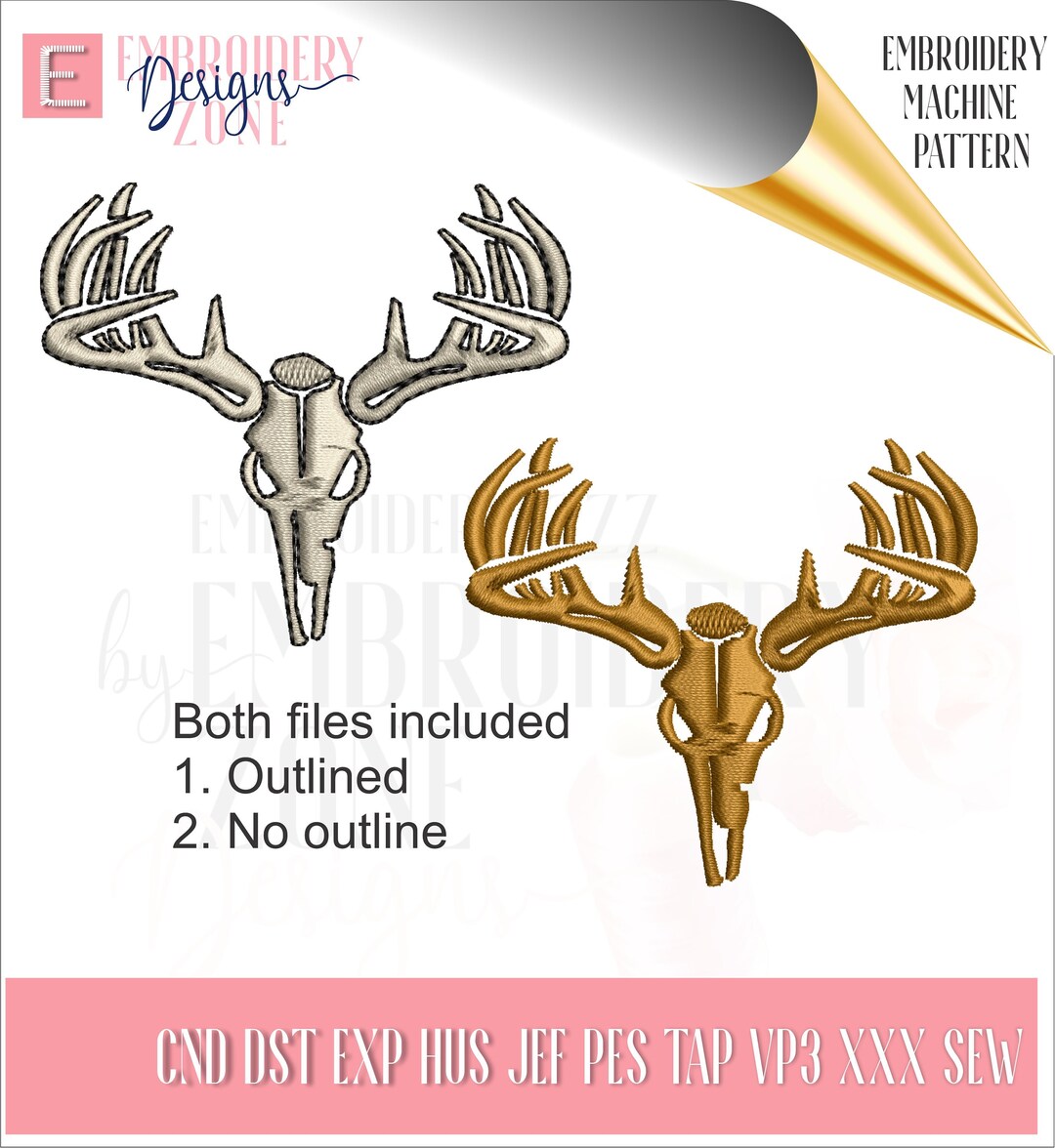 Deer Skull Design for Machine Embroidery. Buck Head Skeleton Head With Full Rack Antlers Dst Pes