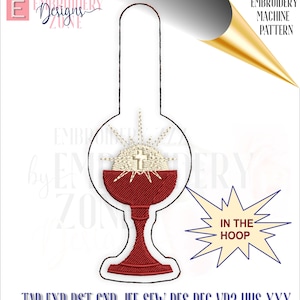 May include: Red and gold embroidery design of a chalice with a host and a cross. The design is in a hoop and says "In the Hoop" in a speech bubble.