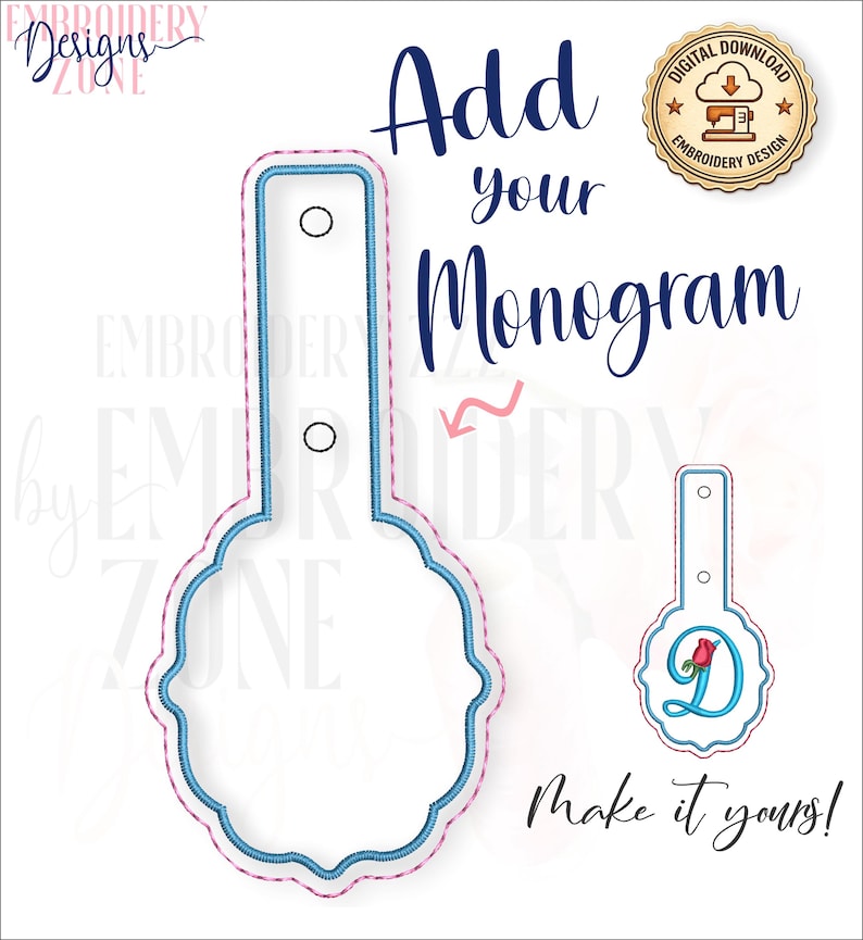 May include: An embroidery design file featuring a scalloped-edge tag shape with a vertical tab containing two circular holes. The design includes blue and pink stitching outlines. Text reads Add your Monogram and Make it yours.