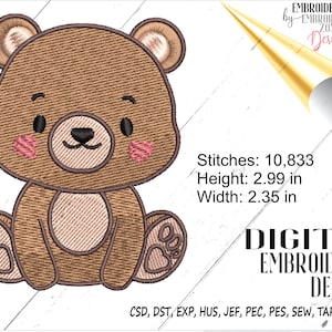 May include: A brown bear embroidery design with pink cheeks and a brown nose. The design is 2.99 inches tall and 2.35 inches wide. It has 10,833 stitches.  CSD, DST, EXP, HUS, JEF, PEC, PES, SEW, TAP, VP3, XXX.