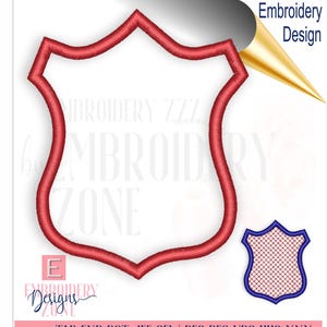 Diseño de placa de policía para bordado a máquina. Patrón de escudo con borde. Contorno de placa con costura inferior. 4 archivos, 2 tamaños.