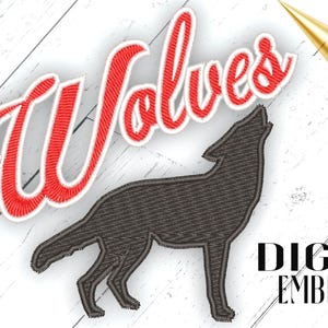 May include: An embroidered design featuring the word "Wolves" in red script with a white outline, and a black howling wolf silhouette. The design is set against a white wood grain background.