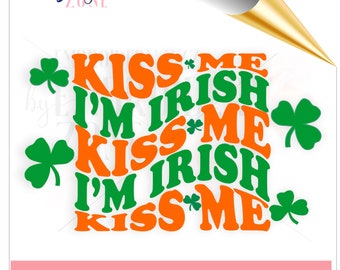 Wavy words SVG clipart t-shirt design. Kiss Me I'm Irish stacked text PNG sticker template. Green curvy letters with shamrocks digital file